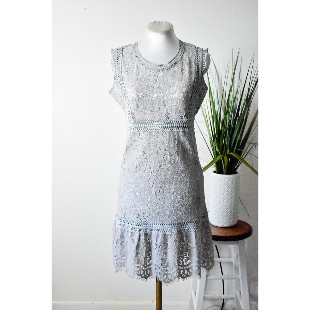Jin Ri Zi Lace Sheath Dress Womens Size Medium Grey Modern Floral Ruffle Hem